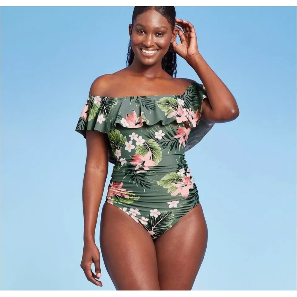 Kona Sol Green Floral Off-Shoulder One-Piece Swimsuit